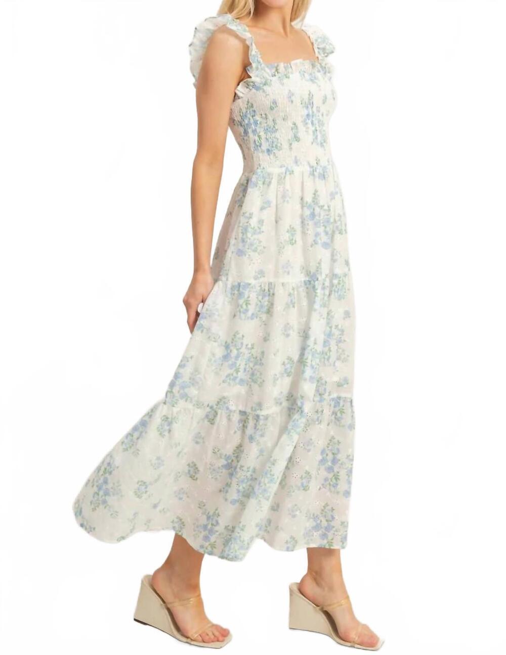 NEW HYFVE smocked floral ruffle strap dress in blue - Picture 3 of 4